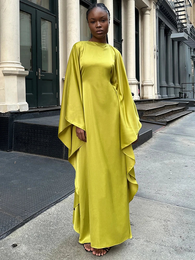 Elegant Satin Long Sleeve Maxi Dress for Women – Slim Round Neck