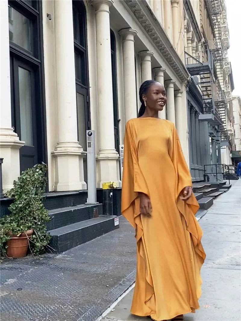 Elegant Satin Long Sleeve Maxi Dress for Women – Slim Round Neck
