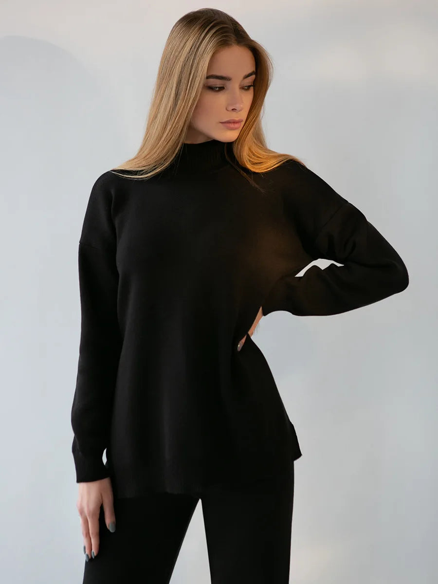 Knitted 2-Piece Suit – Half Turtleneck Sweater & Wide Leg Pants Set