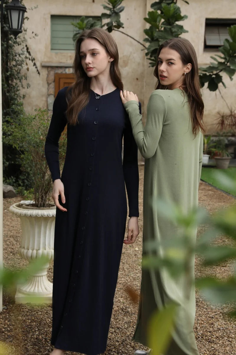 Ribbed V-Neck Button Maxi Dress