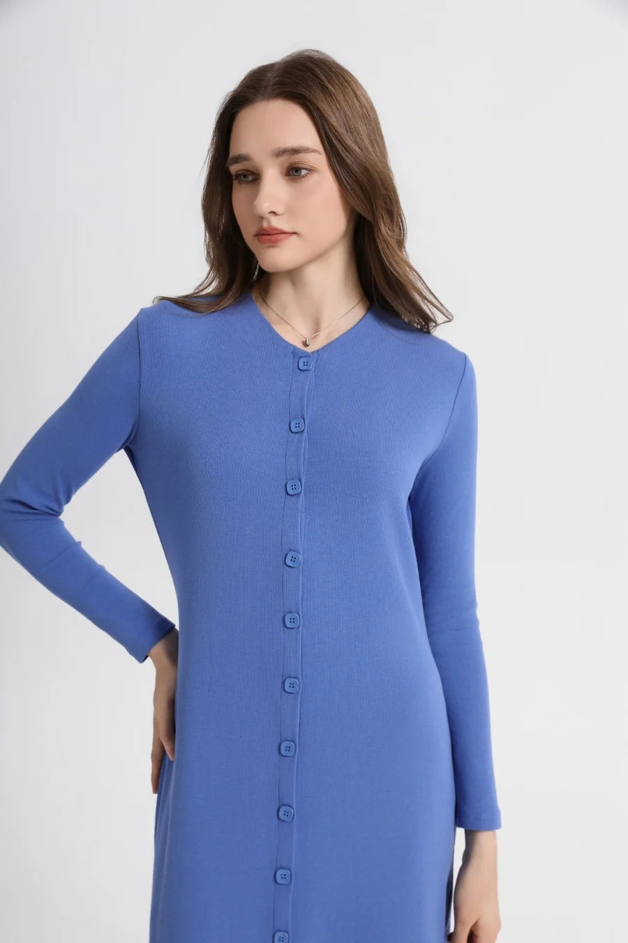 Ribbed V-Neck Button Maxi Dress