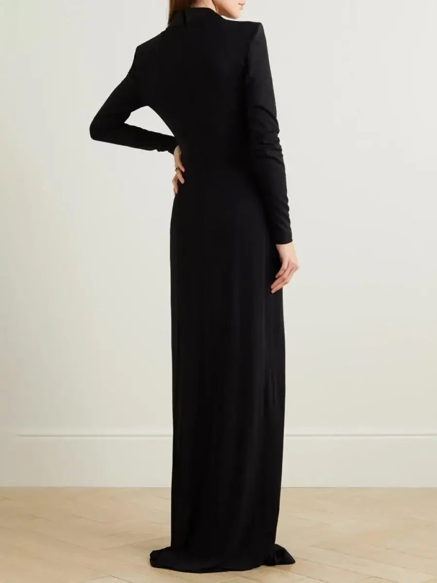 Solid Black Deep V-Neck Maxi Dress – Long Sleeve, High Waist, Slim Fit