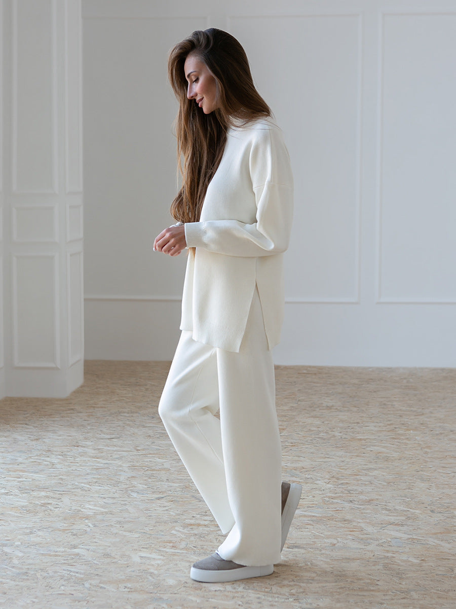 Knitted 2-Piece Suit – Half Turtleneck Sweater & Wide Leg Pants Set