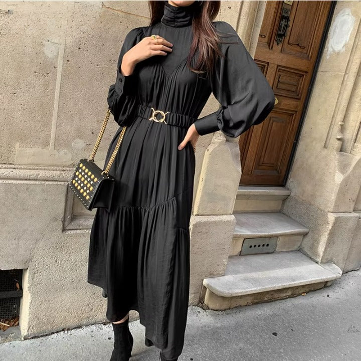 Long Sleeve A-Line Dress – Mid-Long Loose Turtleneck Dress