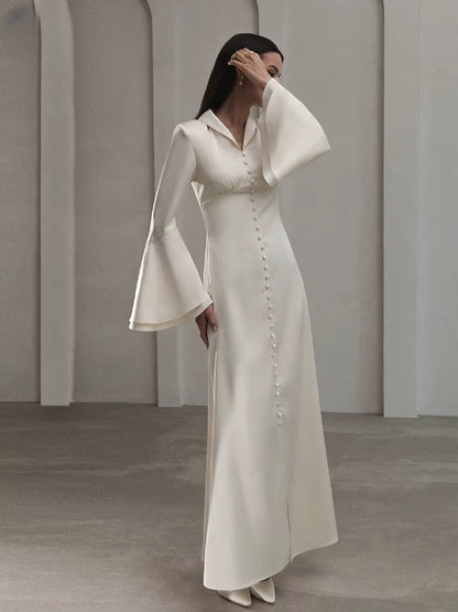 Satin Dress – Long Sleeve Ankle-Length Vintage Ruffle Single-Breasted Dress