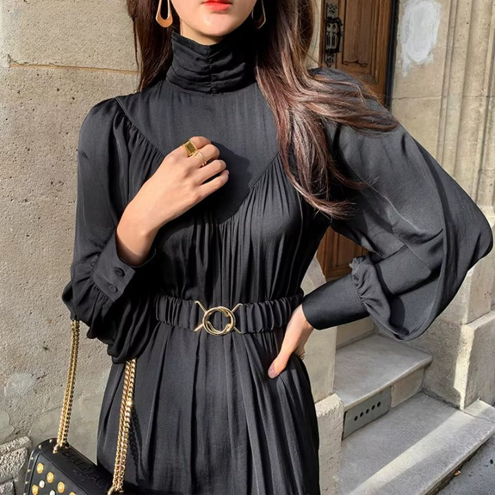 Long Sleeve A-Line Dress – Mid-Long Loose Turtleneck Dress