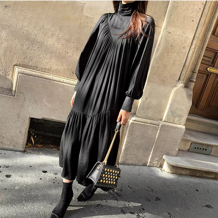 Long Sleeve A-Line Dress – Mid-Long Loose Turtleneck Dress