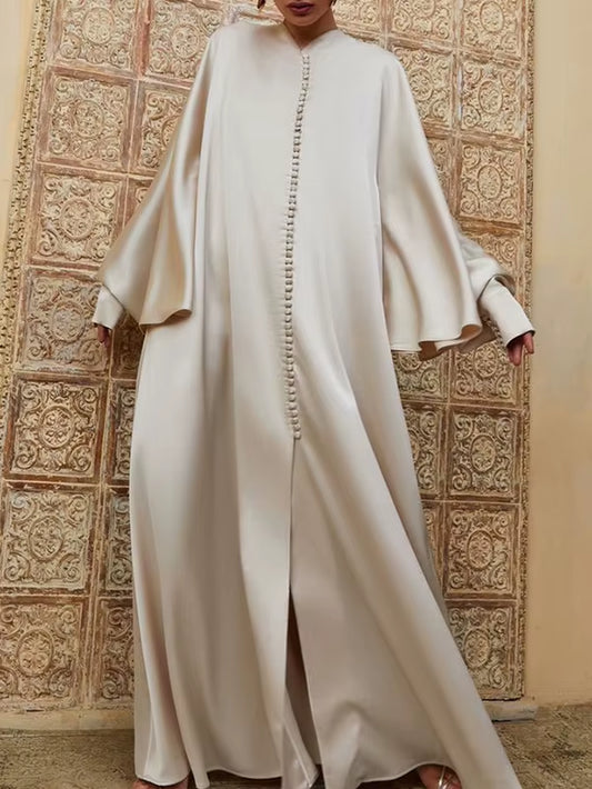 Women's Solid Color Split Floor Length Robe with Round Neck and Long Batwing Sleeves