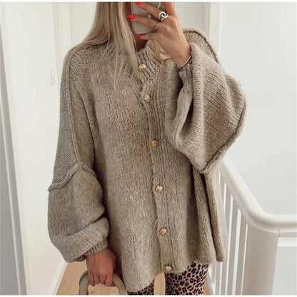 Loose Sweater Metal Button Cardigan – Single Breasted Knit