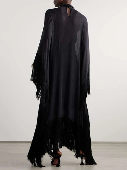 See-Through Tassel Party Dresse Batwing Sleeves Solid Color High-Neck Two Piece Set Dress