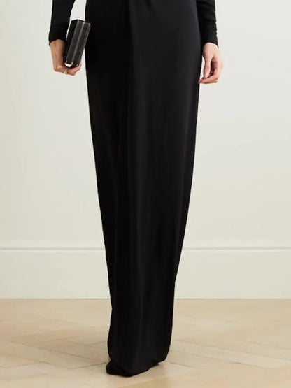 Solid Black Deep V-Neck Maxi Dress – Long Sleeve, High Waist, Slim Fit
