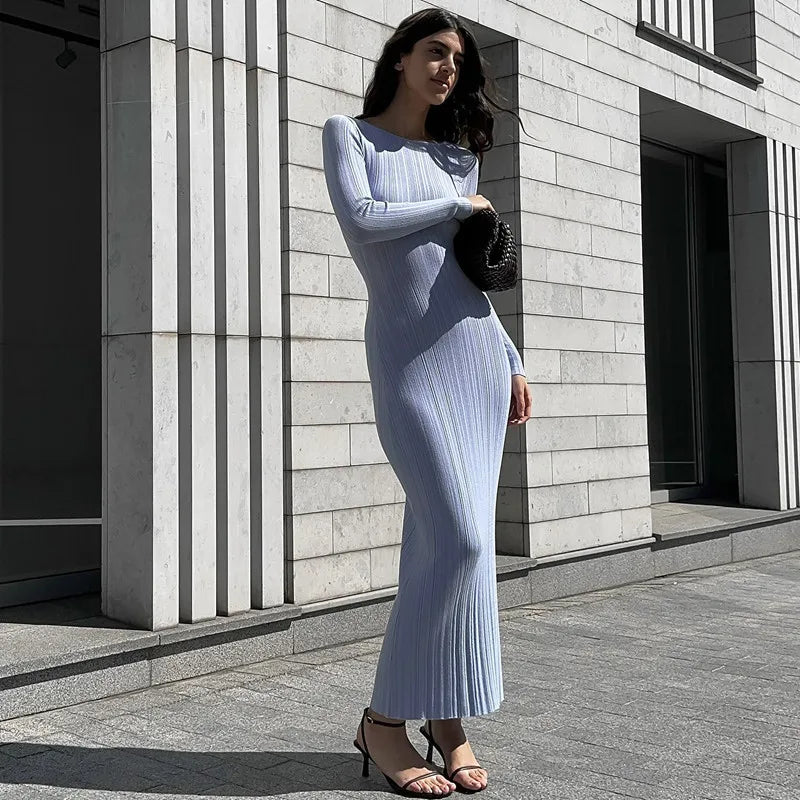 Slim Maxi Dress for Women – High Waist Patchwork Ribbed Dress