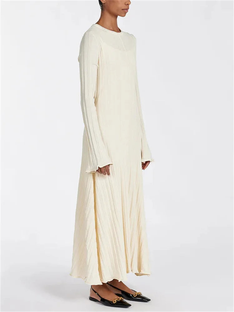 Loose Maxi Dress for Women – Lace-Up High Waist Ribbed Long Sleeve Knit Bandage Dress