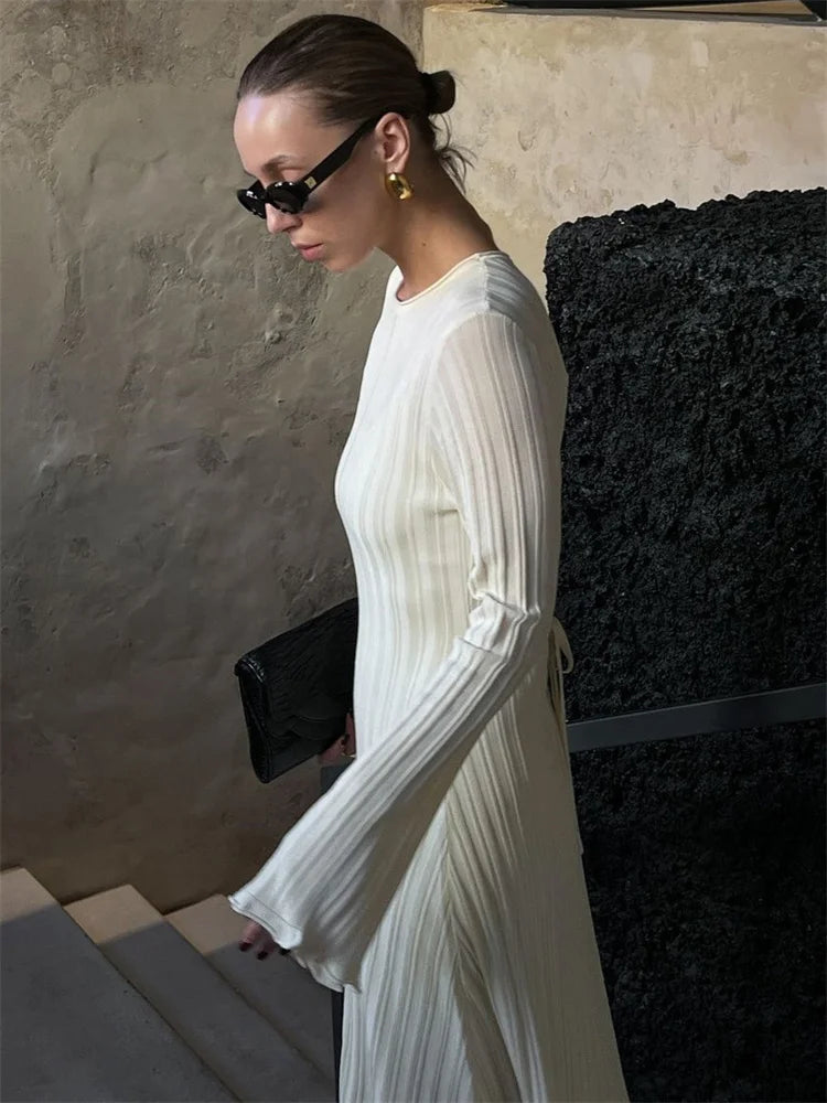 Loose Maxi Dress for Women – Lace-Up High Waist Ribbed Long Sleeve Knit Bandage Dress