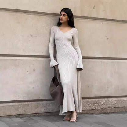 V-Neck Ribbed Knitwear Ruffled Slim Bodycon Maxi Dress