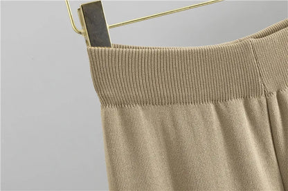 Knitted 2-Piece Set – V-Neck Cardigan Top & High Waist Wide Leg Pants