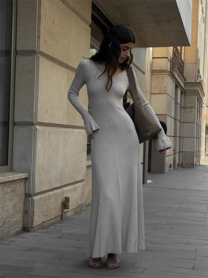V-Neck Ribbed Knitwear Ruffled Slim Bodycon Maxi Dress