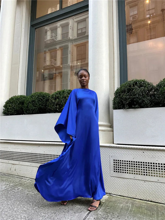 Elegant Satin Long Sleeve Maxi Dress for Women – Slim Round Neck