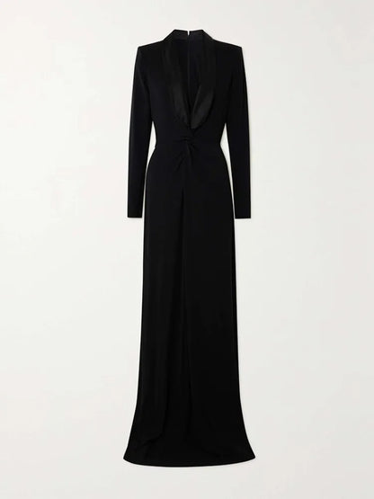 Solid Black Deep V-Neck Maxi Dress – Long Sleeve, High Waist, Slim Fit