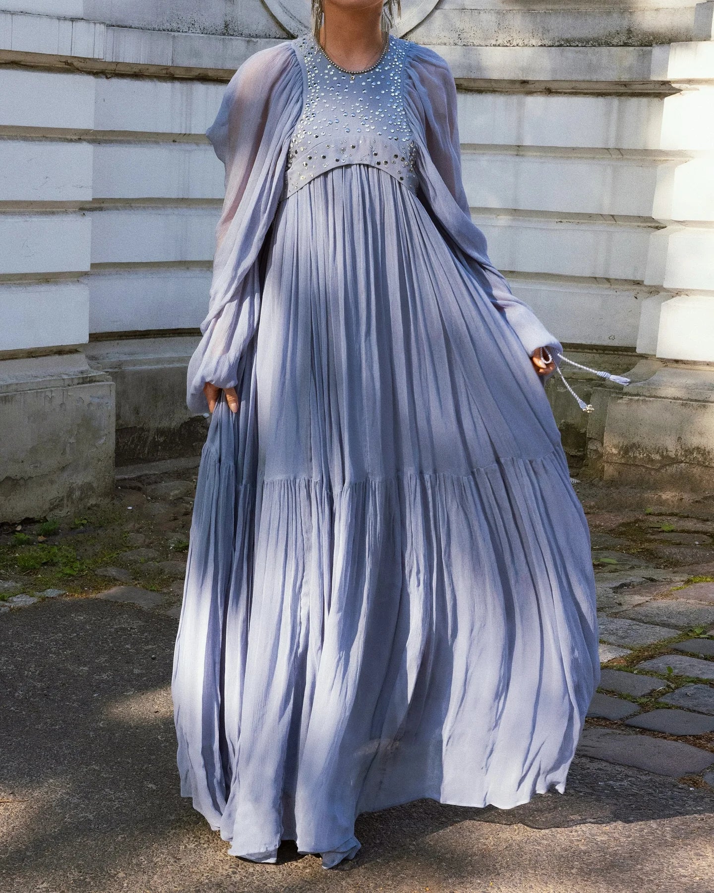 Pleated Puff Sleeve Maxi Dress – V-Neck, A-Line Silhouette