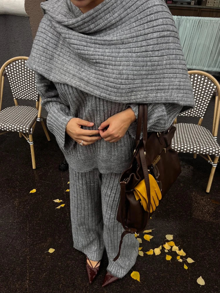 Knitted Pants Suit for Women – Scarf Collar Long Sleeve Sweater and Wide Leg Pants Two-Piece Set