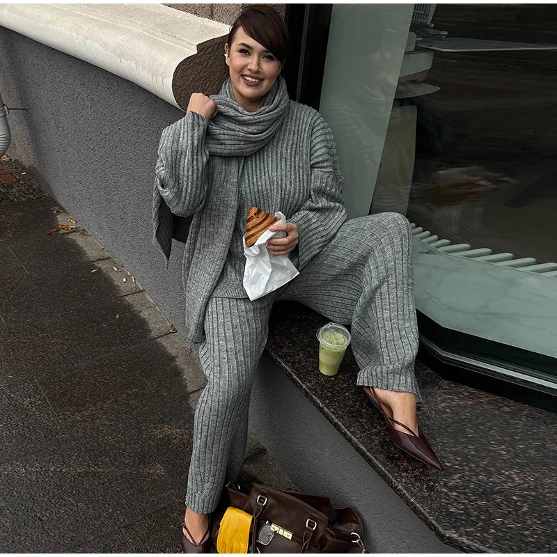 Knitted Pants Suit for Women – Scarf Collar Long Sleeve Sweater and Wide Leg Pants Two-Piece Set