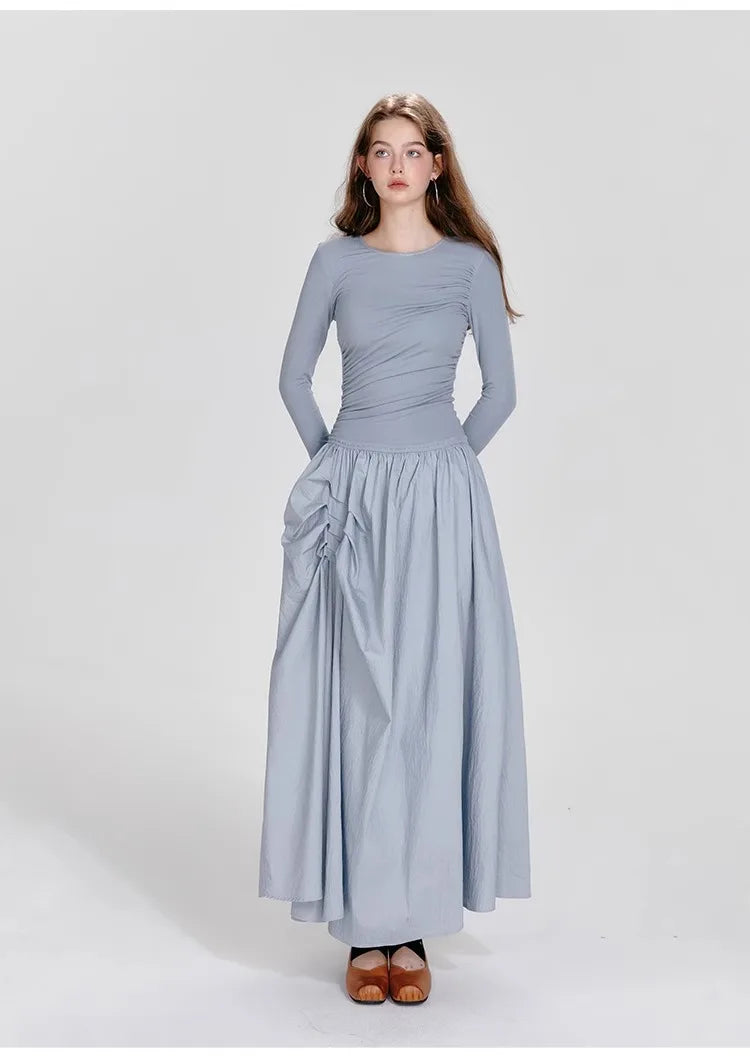 Ballet Style Round Neck Dress – Pleated Long Sleeved Fit & Flare Dress