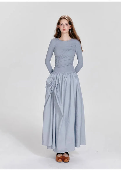 Ballet Style Round Neck Dress – Pleated Long Sleeved Fit & Flare Dress
