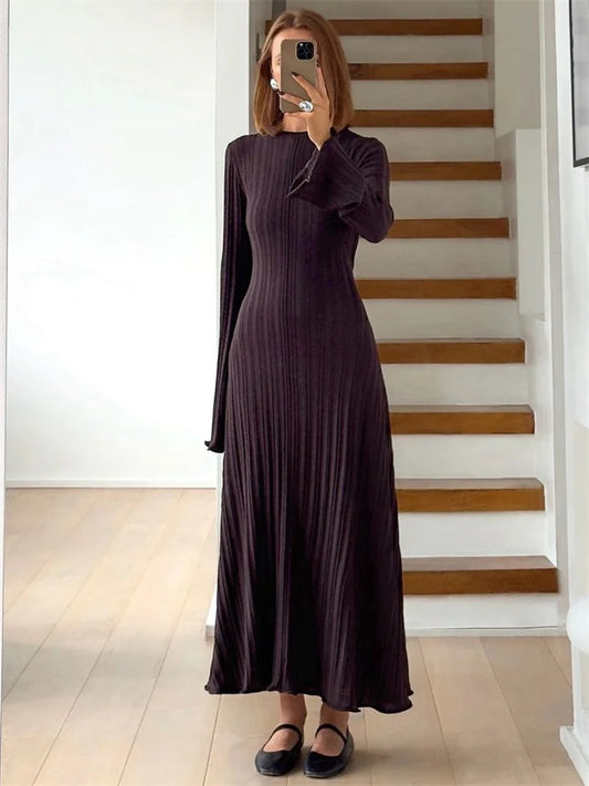 Loose Maxi Dress for Women – Lace-Up High Waist Ribbed Long Sleeve Knit Bandage Dress