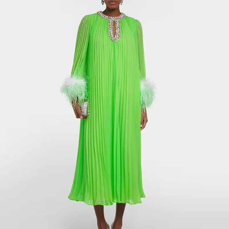 Dress Round Neck Heavy Pleated  and Long Dresse