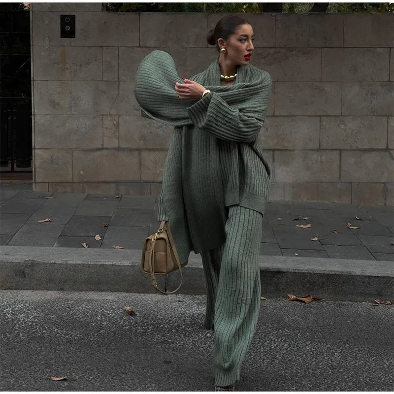 Knitted Pants Suit for Women – Scarf Collar Long Sleeve Sweater and Wide Leg Pants Two-Piece Set