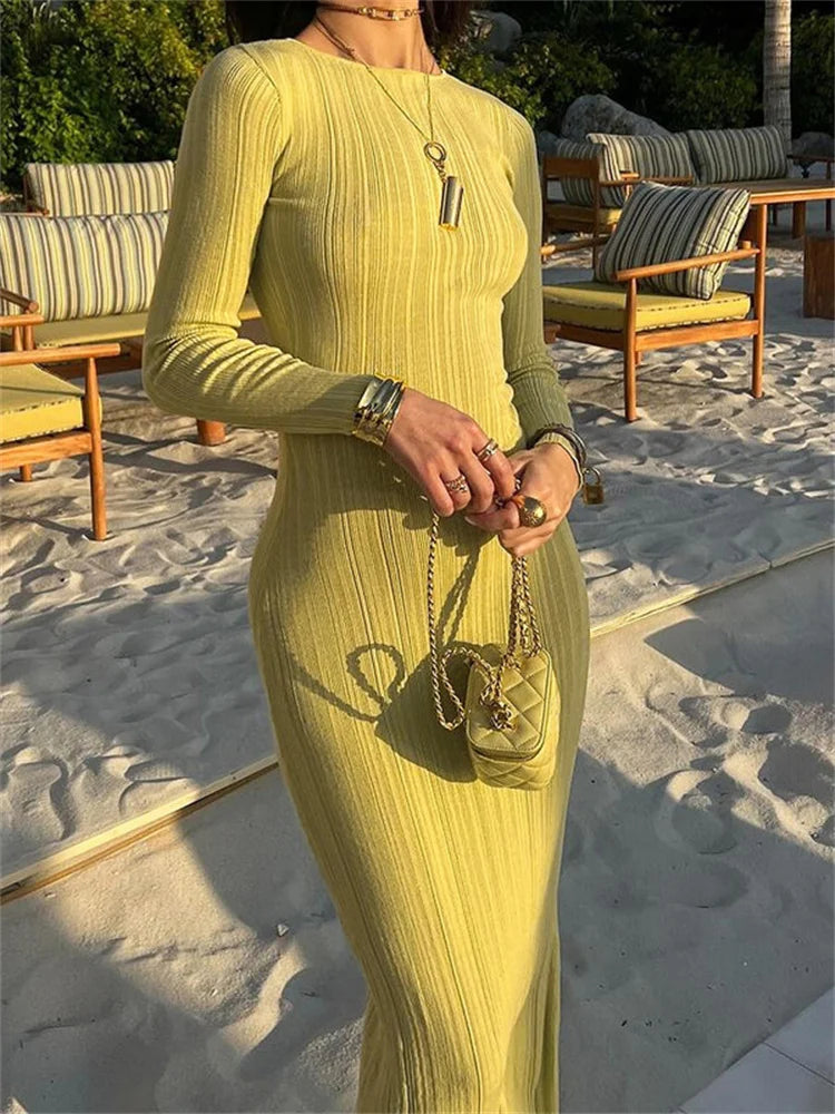 Slim Maxi Dress for Women – High Waist Patchwork Ribbed Dress