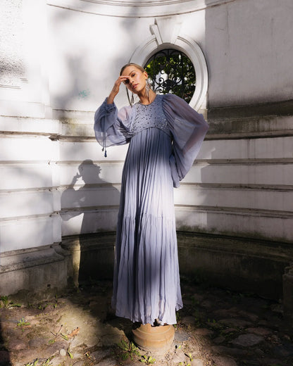 Pleated Puff Sleeve Maxi Dress – V-Neck, A-Line Silhouette