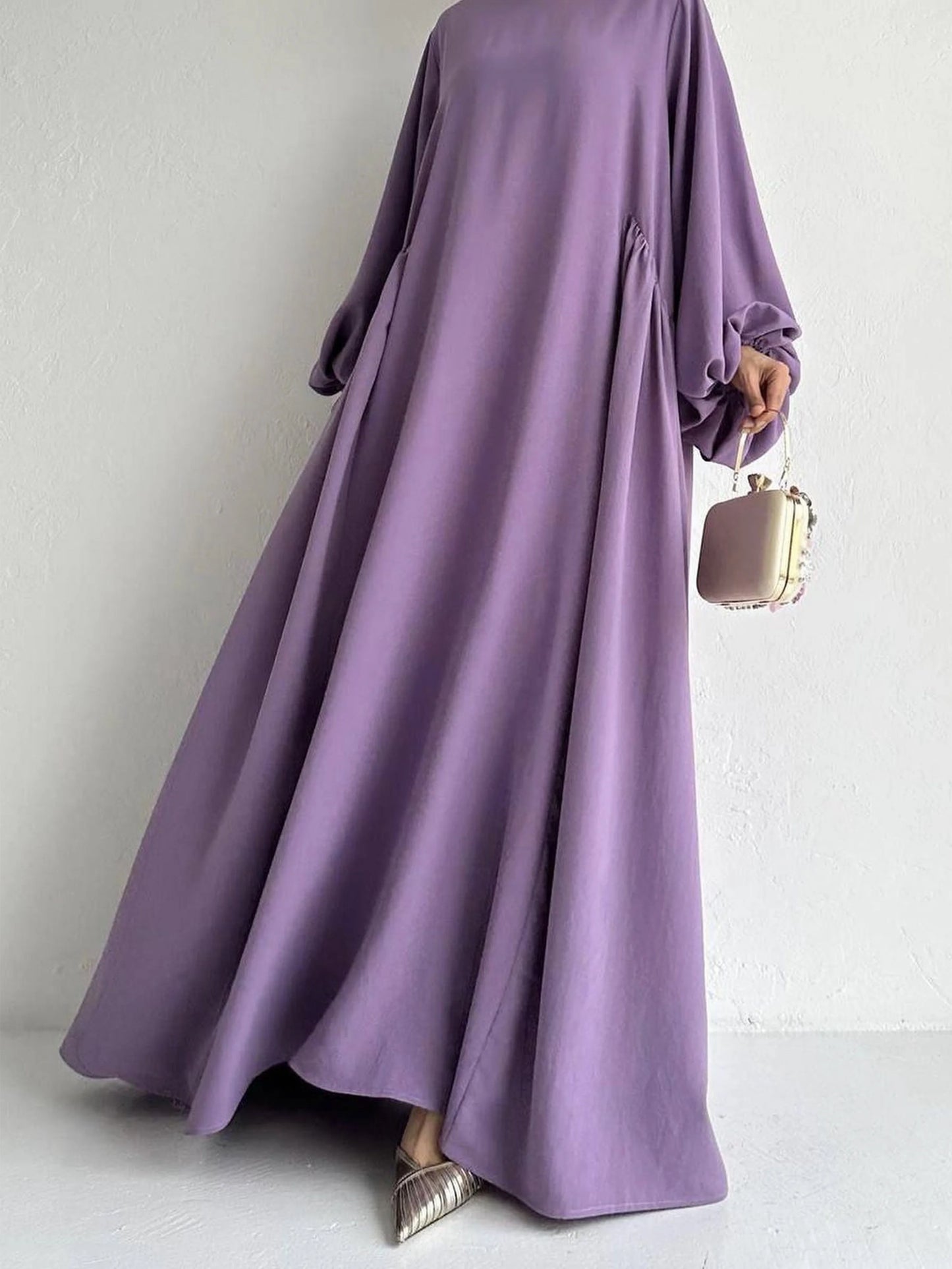 Elegant Solid Bishop Sleeve Abaya Kaftan – Crew Neck Maxi Dress for Women