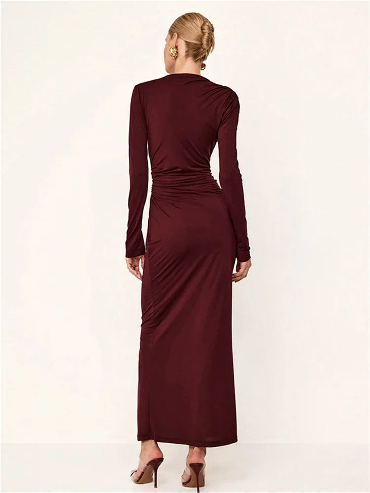 Pleated Slim Fashion Maxi Dress – Elegant High Waist Long Sleeve Bandage Dress