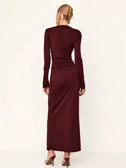 Pleated Slim Fashion Maxi Dress – Elegant High Waist Long Sleeve Bandage Dress