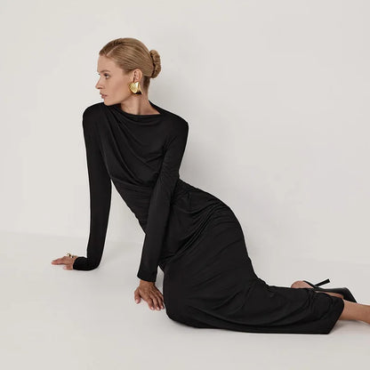 Pleated Slim Fashion Maxi Dress – Elegant High Waist Long Sleeve Bandage Dress