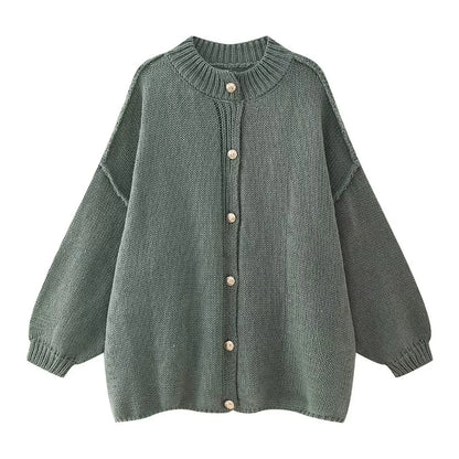 Loose Sweater Metal Button Cardigan – Single Breasted Knit