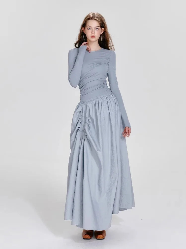 Ballet Style Round Neck Dress – Pleated Long Sleeved Fit & Flare Dress