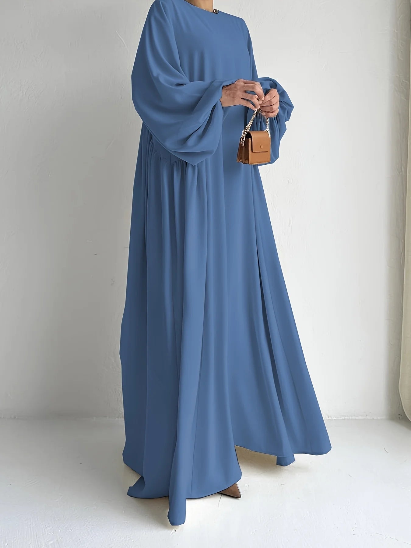 Elegant Solid Bishop Sleeve Abaya Kaftan – Crew Neck Maxi Dress for Women