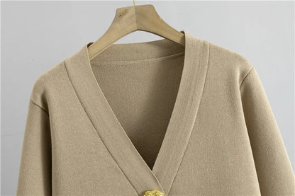 Knitted 2-Piece Set – V-Neck Cardigan Top & High Waist Wide Leg Pants