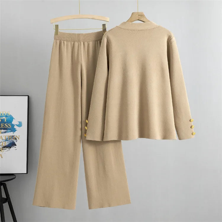 Knitted 2-Piece Set – V-Neck Cardigan Top & High Waist Wide Leg Pants