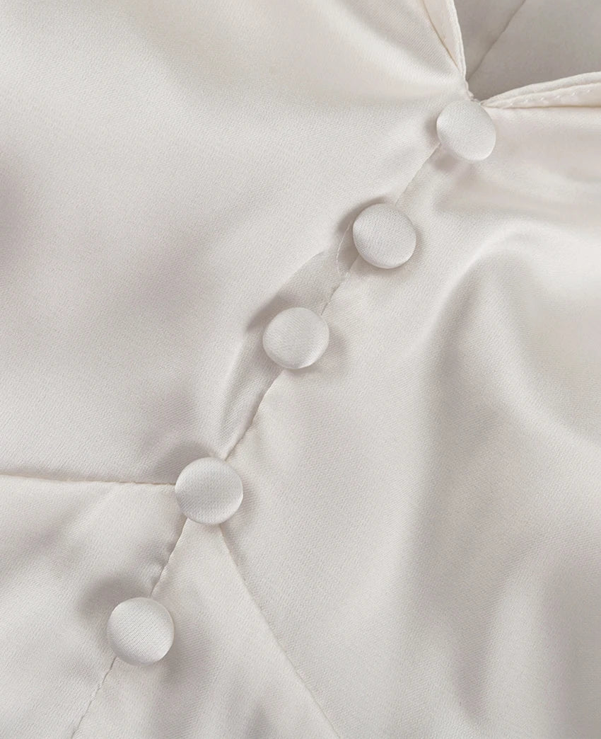 Satin Dress – Long Sleeve Ankle-Length Vintage Ruffle Single-Breasted Dress