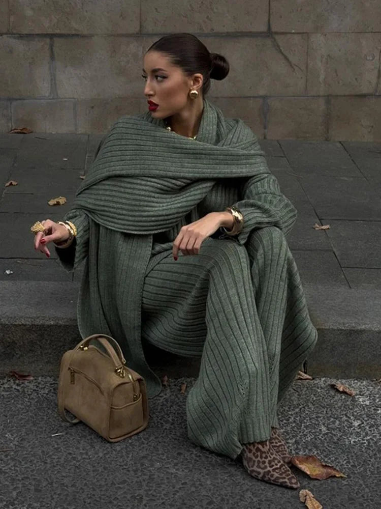 Knitted Pants Suit for Women – Scarf Collar Long Sleeve Sweater and Wide Leg Pants Two-Piece Set