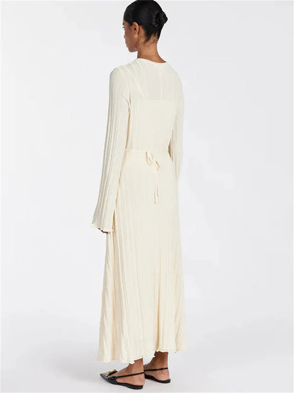 Loose Maxi Dress for Women – Lace-Up High Waist Ribbed Long Sleeve Knit Bandage Dress