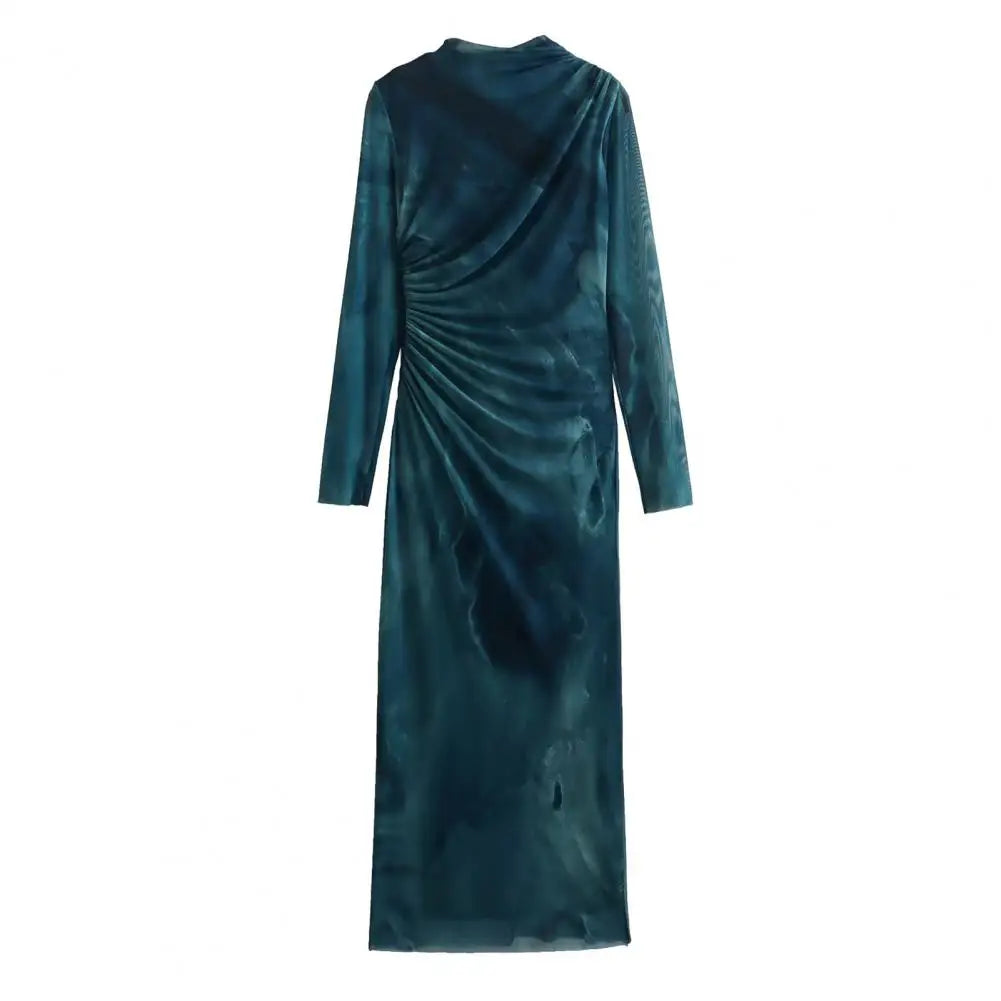 Elegant Pleated Midi Dress for Women - Slim Fit Solid Color Long Sleeve Design with Half-High Collar