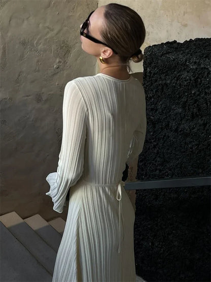 Loose Maxi Dress for Women – Lace-Up High Waist Ribbed Long Sleeve Knit Bandage Dress