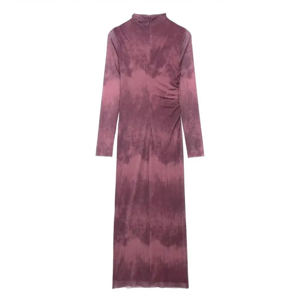 Elegant Pleated Midi Dress for Women - Slim Fit Solid Color Long Sleeve Design with Half-High Collar