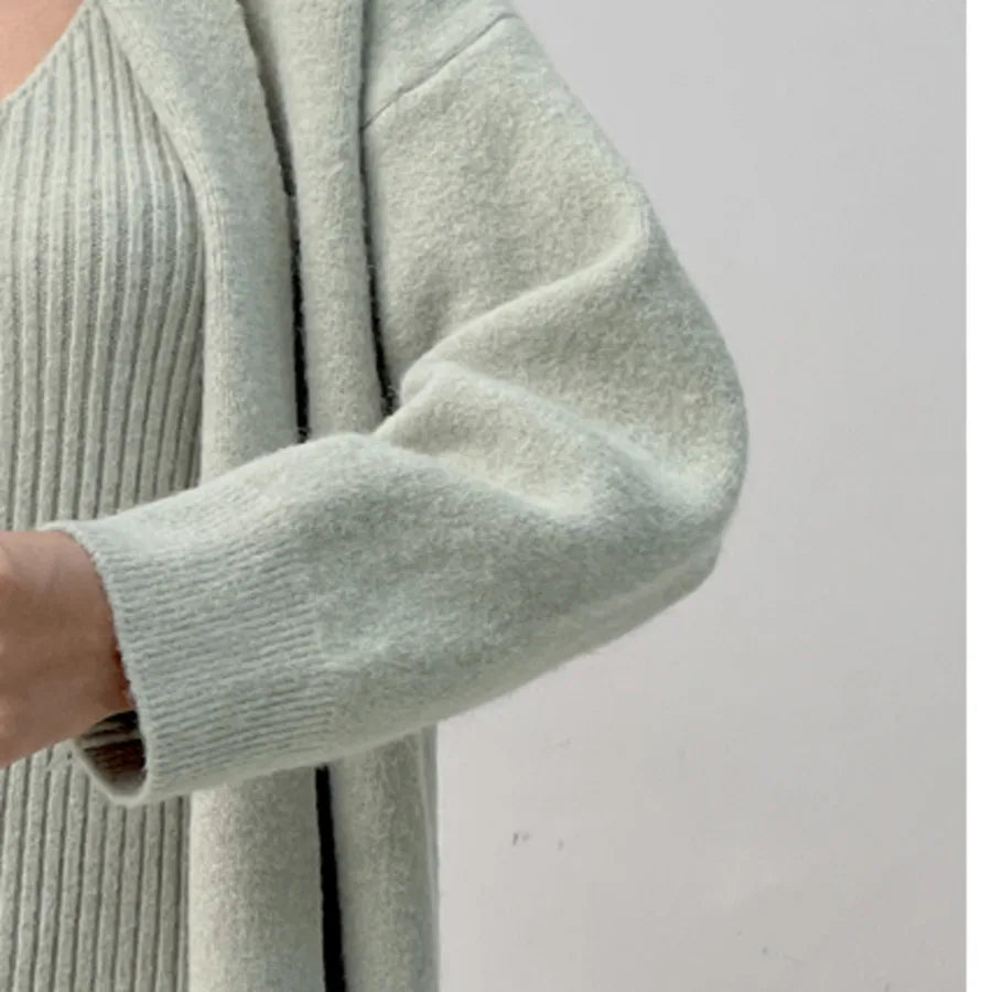 Knitted Dresses 2 Pieces Set V Neck Knit Sweater Dress+long Sleeve Solid Cardigans