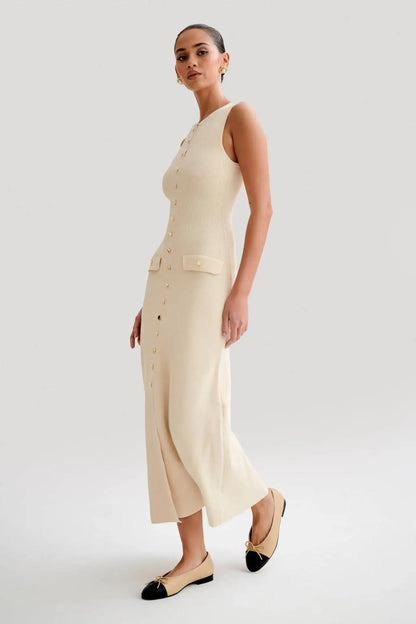 Knitted Single Breasted Long Dress - Sleeveless Bodycon Party Dress